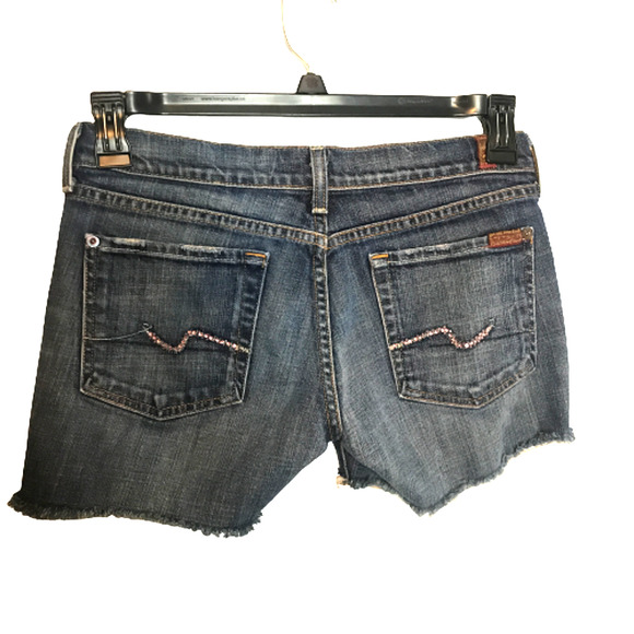 7 For All Mankind Upcycled Cutoff Denim Shorts Medium Wash Embellished Sz 28 - Picture 9 of 12
